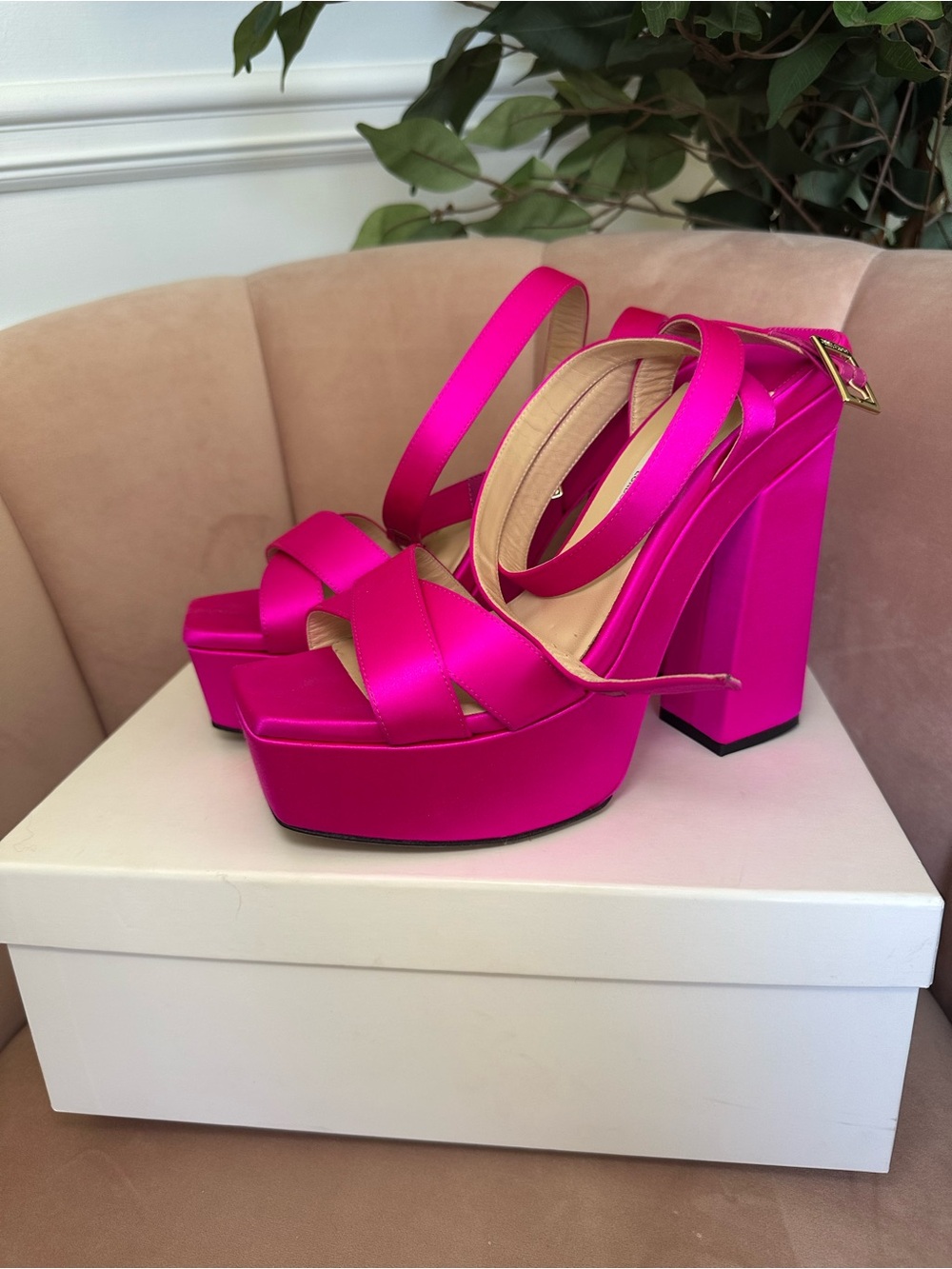 Jimmy Choo Fuchsia Satin Platform Block Heel Sandals
